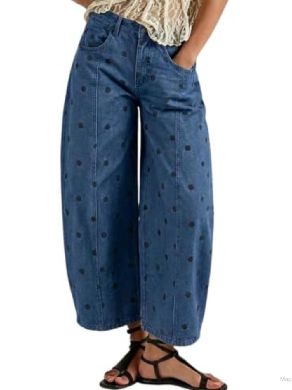 Womens Baggy Barrel Jeans Polka Dot Boyfriend Wide Leg Ankle Denim Pants